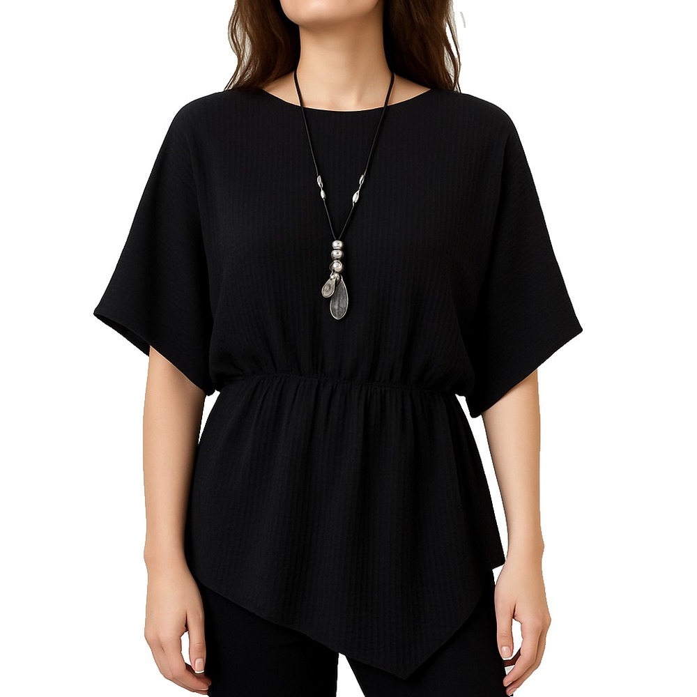 ZARA Black Textured Cotton Blend Kimono Sleeve Asymmetric‎ Peplum Top Size L